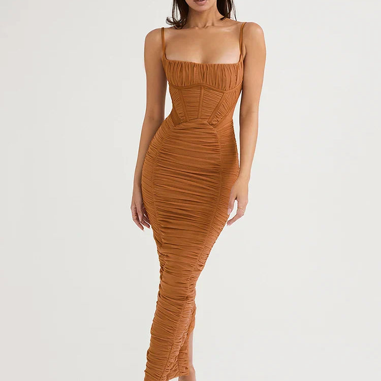 Elegant Corset Ruched Maxi Dress Women Fashion Spaghetti Strap Sleeveless Backless Zipper Long Dress Vestido