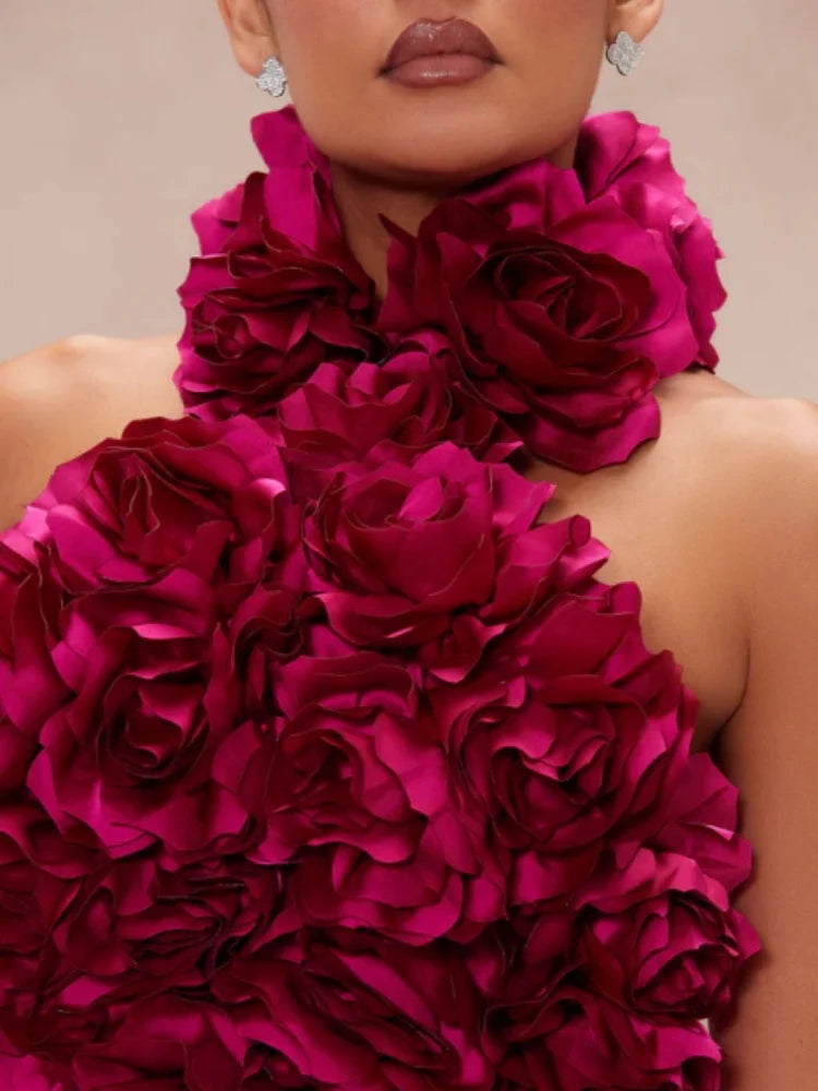 Rosered White Women Sexy Halter Off the Shoulder Backless Bodycon Long Bandage Dress Florals Celebrate Nightclub Party Wear