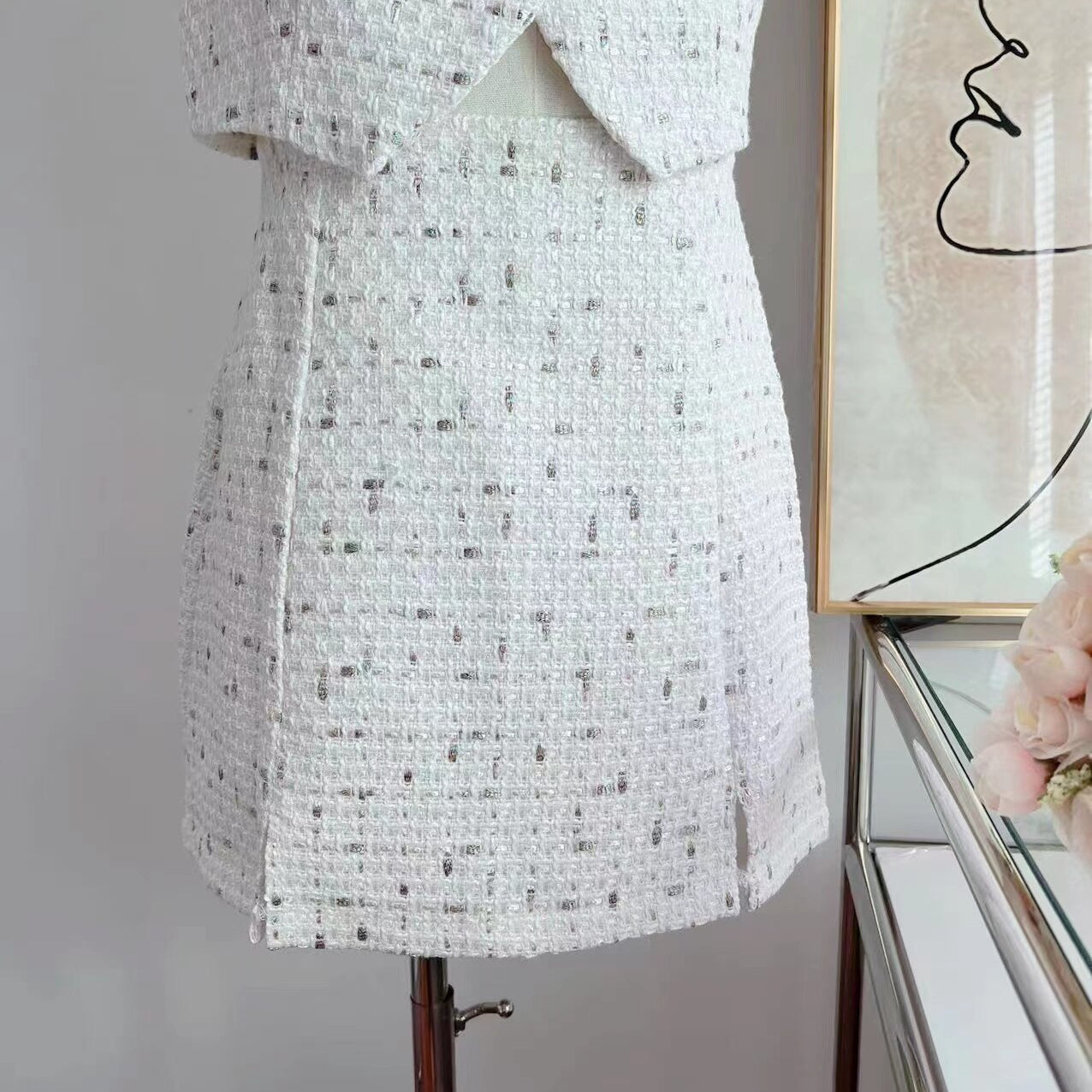 Small Fragrant Skirt Suit Tweed Short Coat Puff Sleeve Two Piece Set Female 2024 Summer Fashion Skirt for Women Korea Fashion