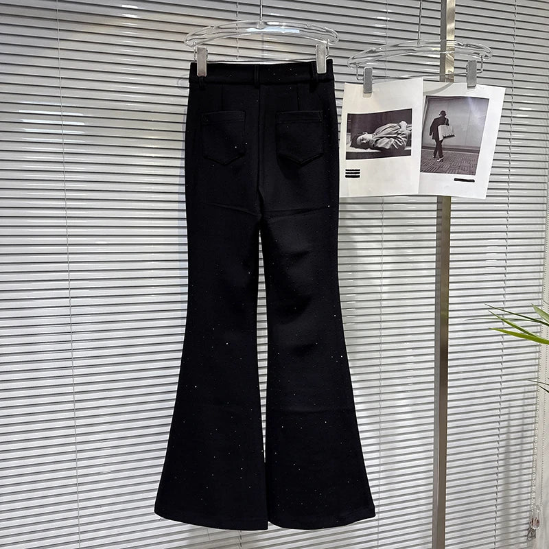 Winter New Fashion Full Rhinestone Stretch Fleece Flared Pants For Women High Waist Slim Fit Trousers Female 11A07729