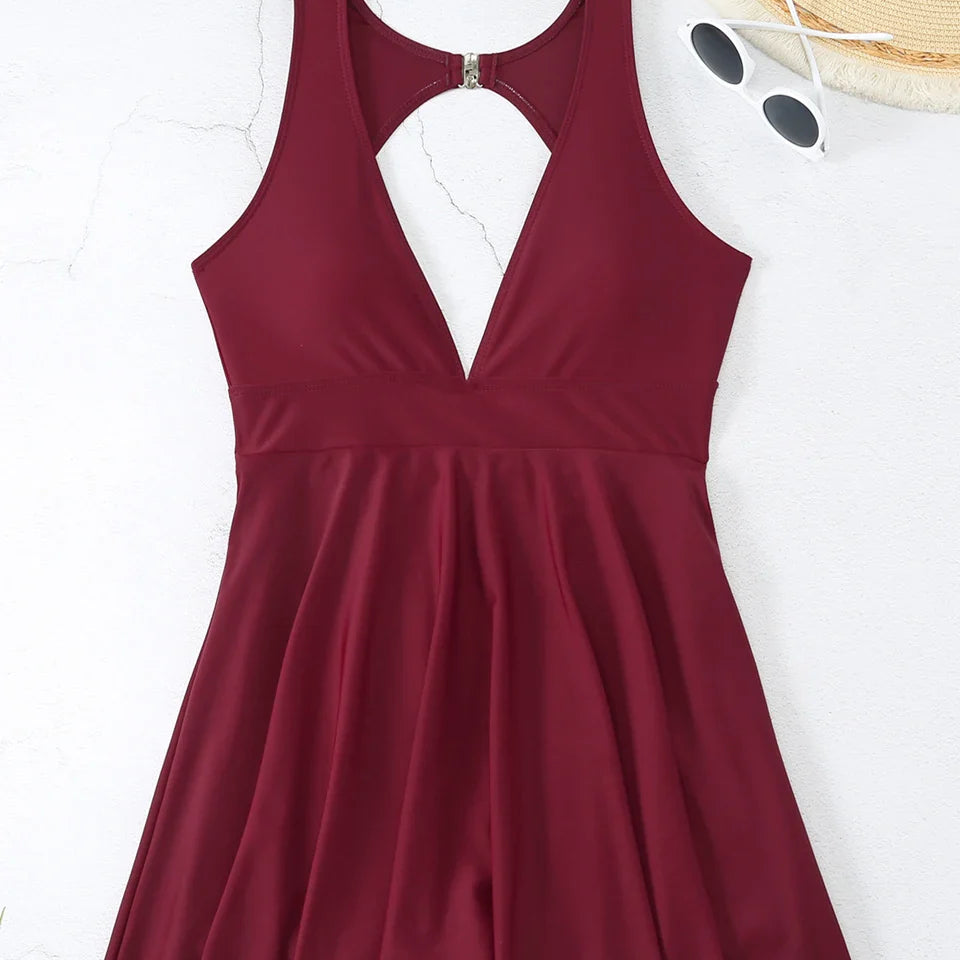 Deep V Neck Swimsuit Women One Piece Backless Swimwear Solid Beach Skirt Summer Female Bathers Bathing Swimming Bodysuit s5Wine