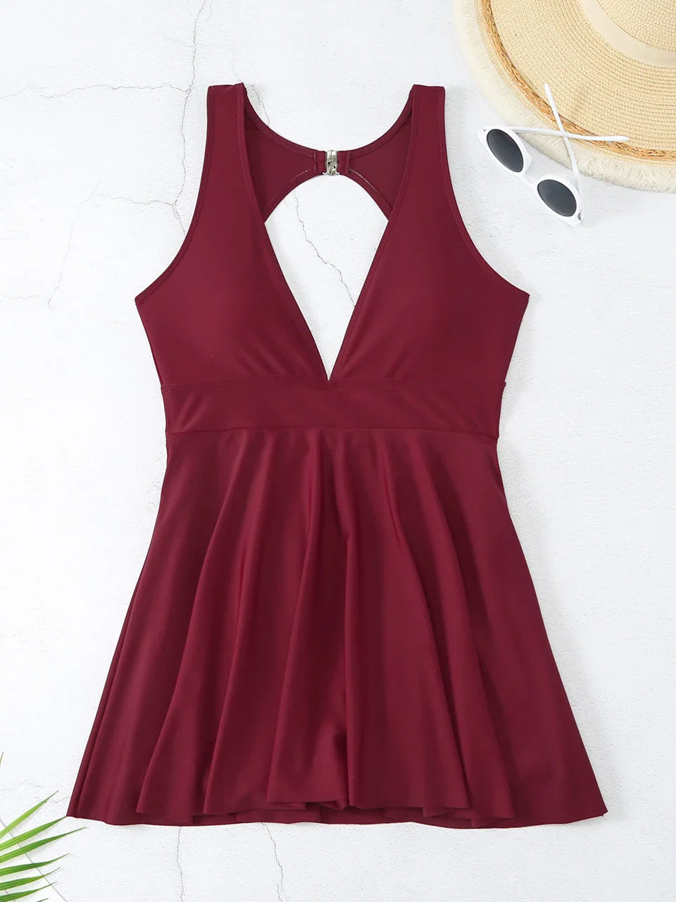 Deep V Neck Swimsuit Women One Piece Backless Swimwear Solid Beach Skirt Summer Female Bathers Bathing Swimming Bodysuit s5Wine