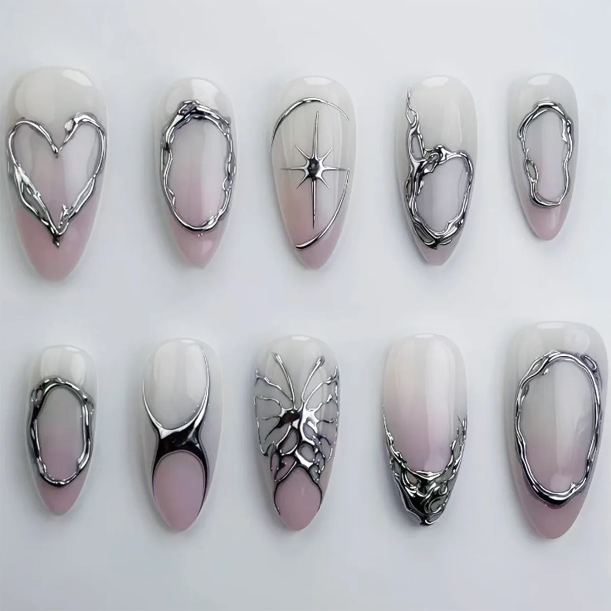 24Pcs 3D Green Ripple Design False Nails Cat's Eye French Almond Fake Nail Tips Leaves Pattern Removable Oval Press on Nails 1972
