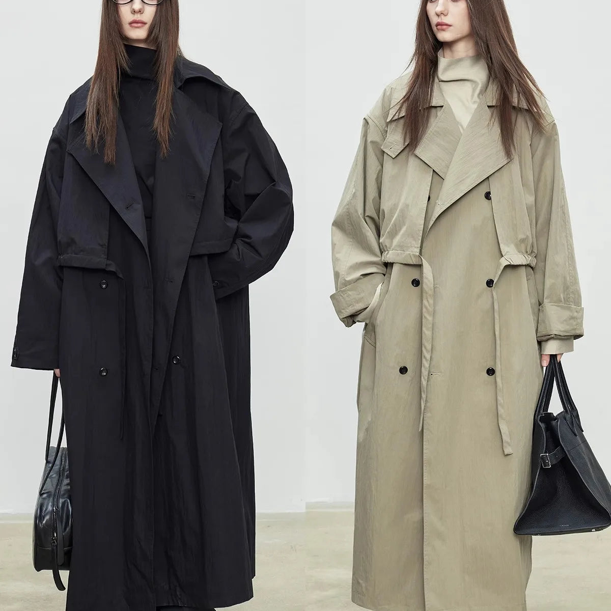 Lautaro Spring Autumn Oversized Khaki Long Trench Coat for Women Double Breasted Loose Casual European Fashion Overcoat 2025