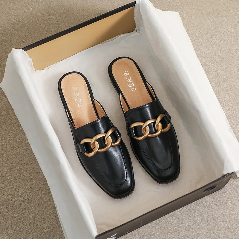 Woman mules fashion design Flat Square Toe Chain Backless Shoes Summer outdoor and indoor office wear White black free delivery black