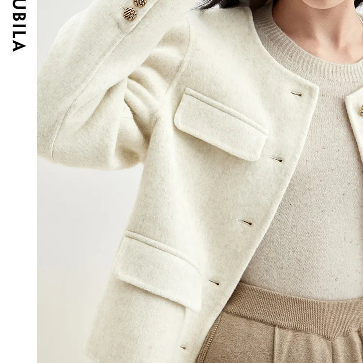 Winter Wool Blend Coats for Women Round Neck Long Sleeve Double-faced Woolen Cropped Jacket Elegant Outerwear