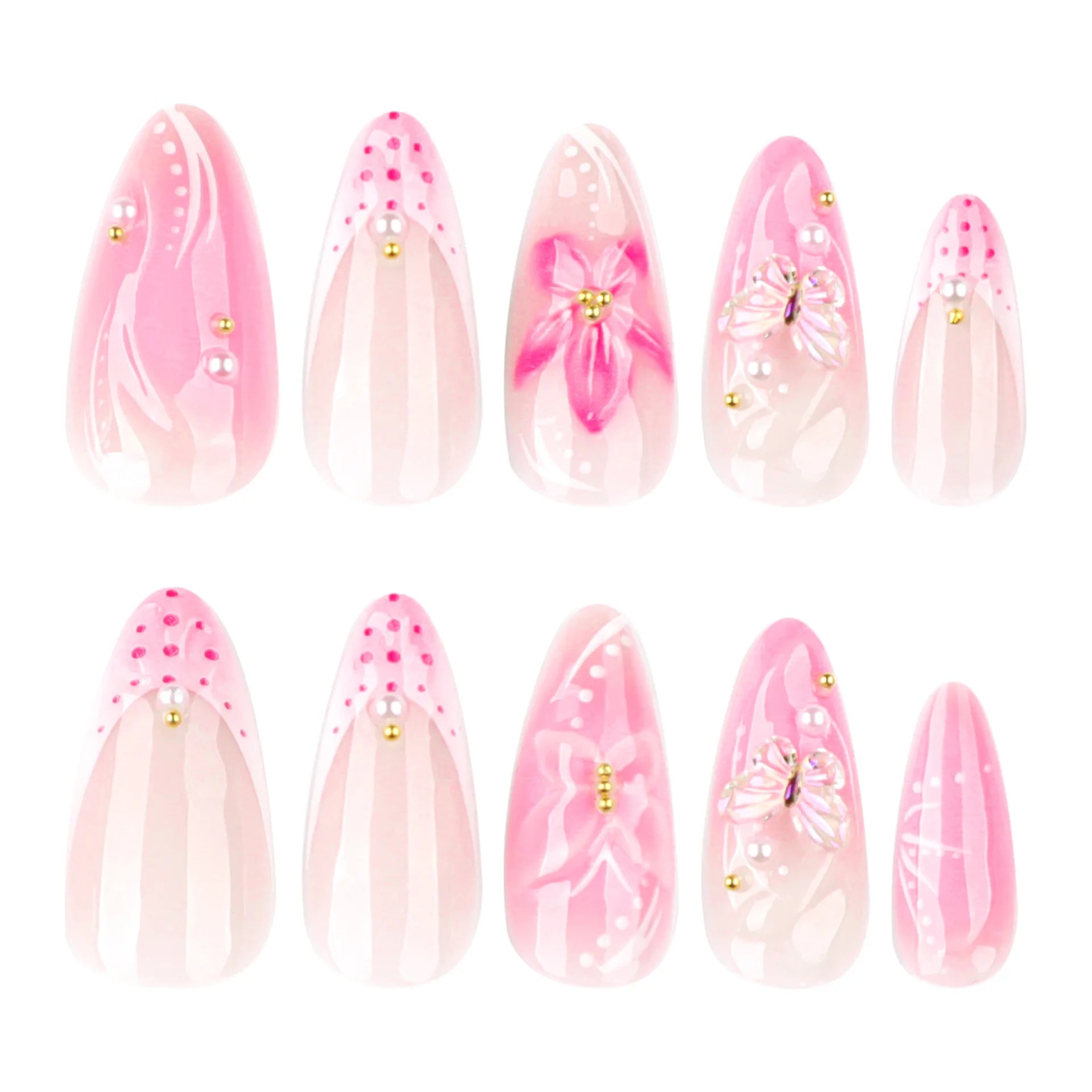 24pcs Sweet Pink Press on Nails 3D Butterfly Flowers Decor False Nail Tips Wearable Detachable Ins Korean Almond Fake Nails