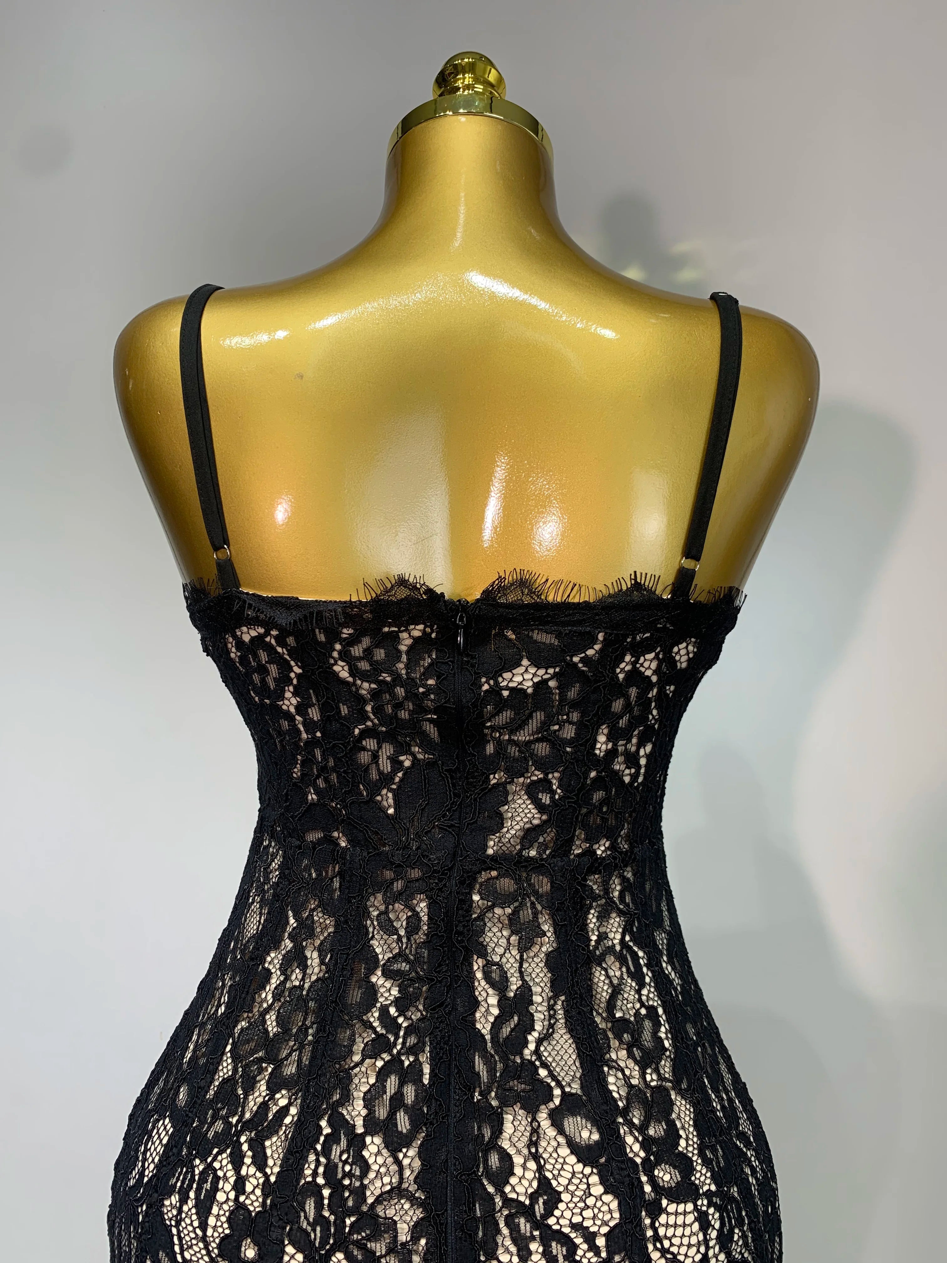 Women Sleeveless Sexy Black Lace Bodycon Long Dress Nightclub Party Celebrate Birthday Evening Party Wedding Guest Prom Gowns