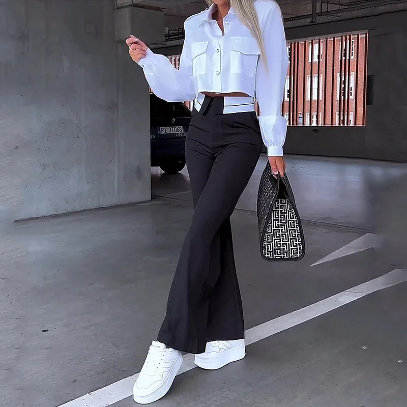 fall spring Women Two Piece Set Office Simple Solid Lapel Long Sleeve white Shirt Top gray Pants Set blazer elegant Y2K 2