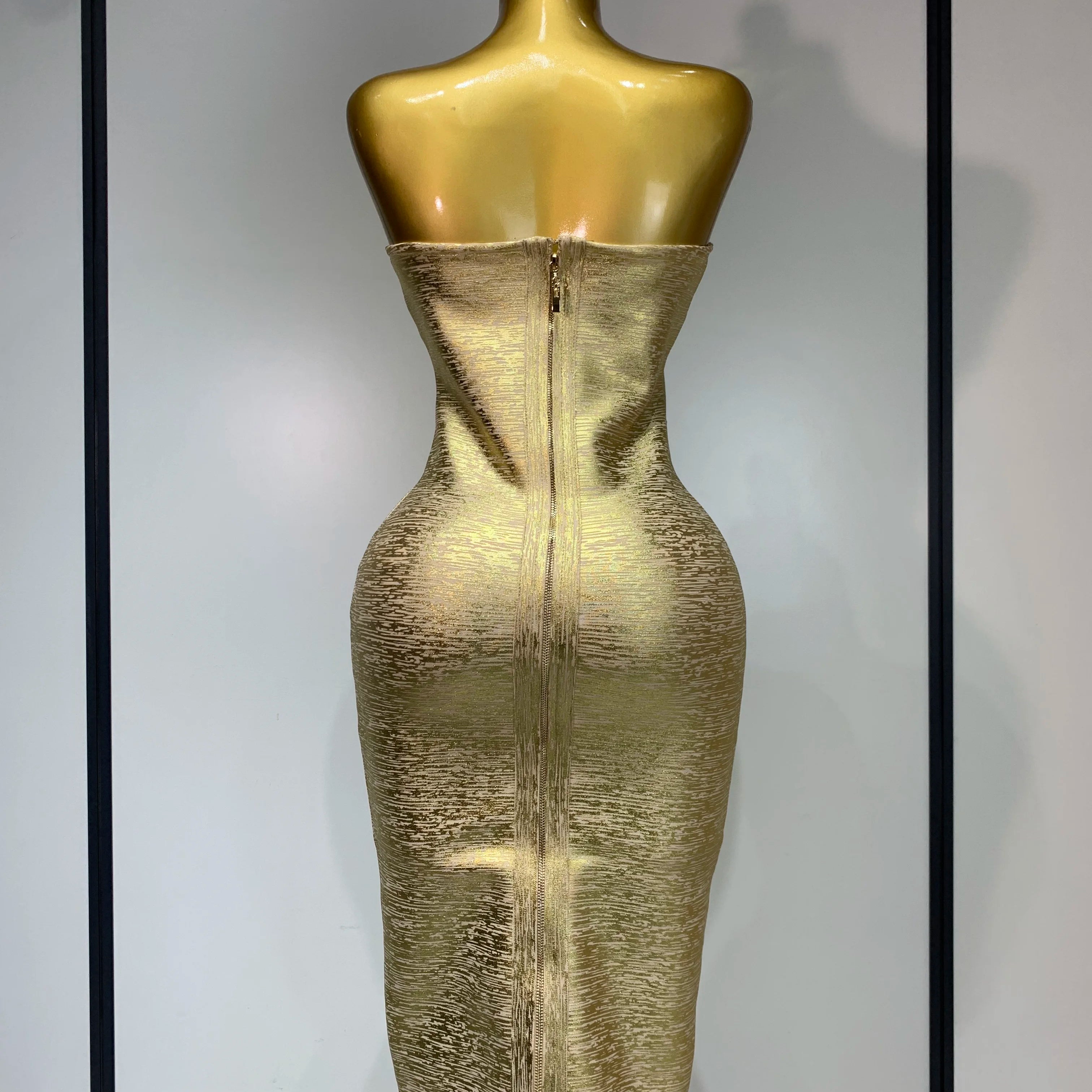 Women Sexy Gold Strapless Bodycon Bandage Dress 2025 Fashion Celebrate Evening Party Luxury Birthday Wedding Guest Dress