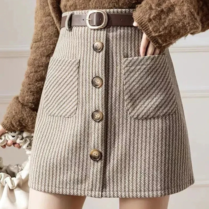 Sweet Fashion Autumn Winter Woolen Xiaoxiangfeng Women Plaid Pockets Button Korean Elegant High Waist Slim Short A-line Skirt Coffee