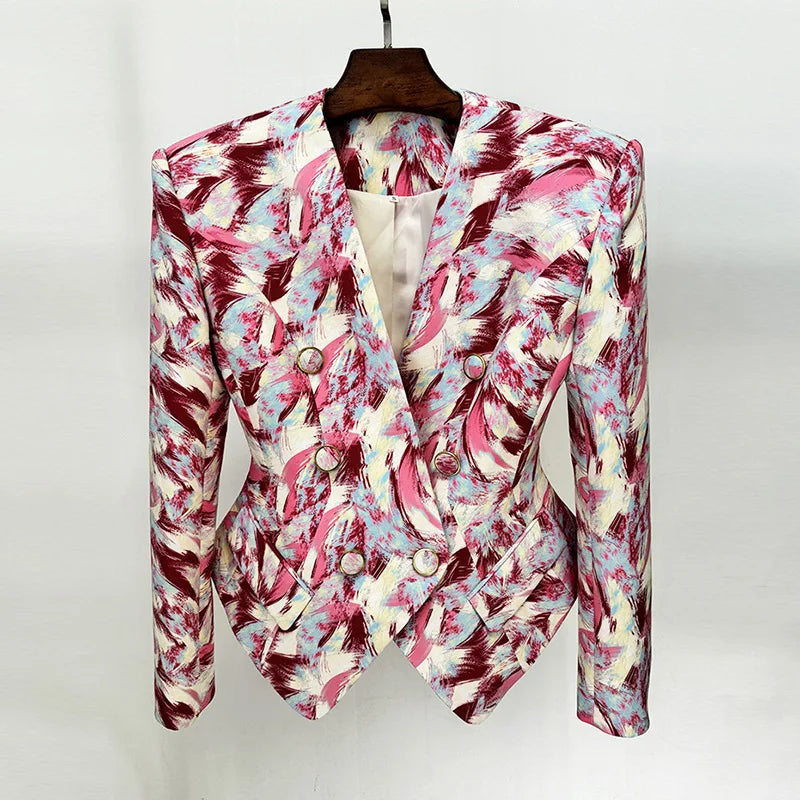 Hit Color Spliced Printing Fashion Jackets for Women V Neck Long Sleeves Patchwork Button Elegant Jacket Female New RED