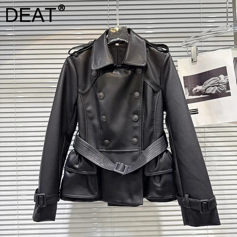 Winter New Fashion Style Double-Breasted Lace-Up Waist PU Leather Jacket For Women Elegant Windbreaker Female 11A07478