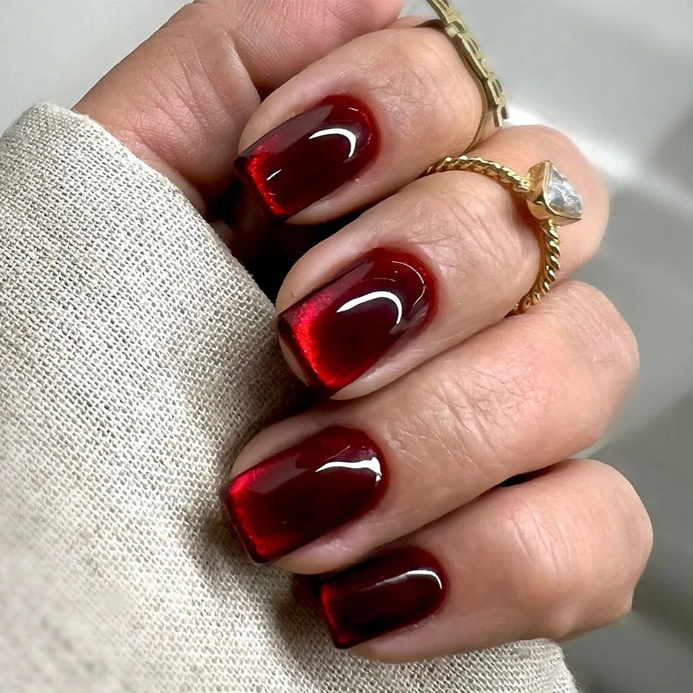 24Pcs Cat's Eye Solid Color Red Fake Nail Simple Short Square Head Press on False Nails Wearable Finished Fingernails Manicure 3260
