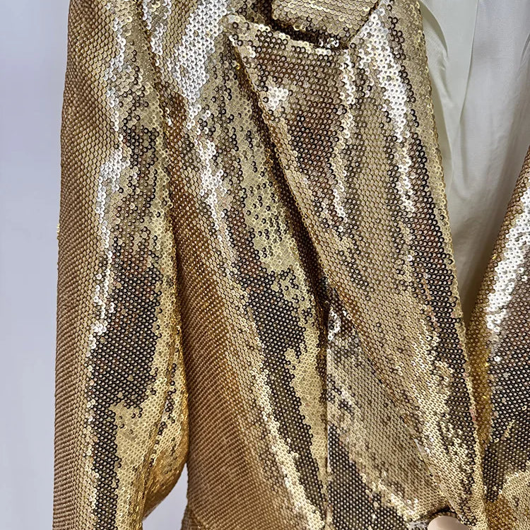 2025 New Autumn Golden Sequins Women Long Sleeve Deep V-Neck Slim 2 Pieces Women's Set Elegant Evening Party Cocktail Wear