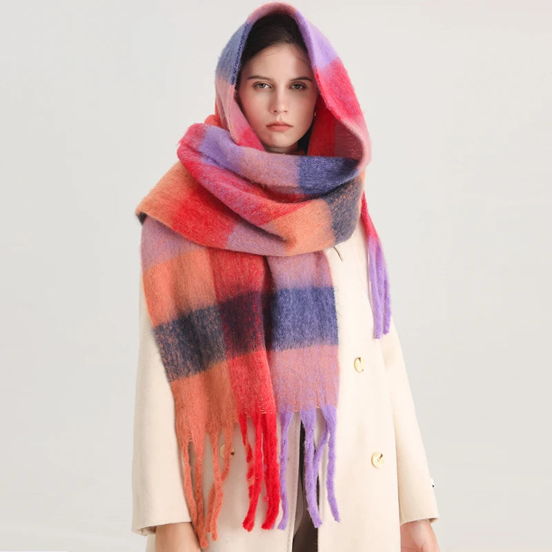 Thick Warm Scarf Women Winter Neck Shawls Tassel Pashmina Scarves Lady Cashmere Bandana Plaid Rainbow Hairy Foulard