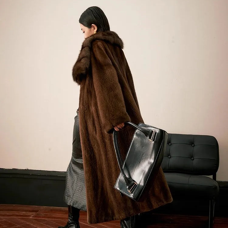 Lautaro Winter Long Luxury Elegant Thick Warm Soft Brown Faux Mink Fur Coat Women Turn-Down Collar Loose Stylish Furry Overcoat