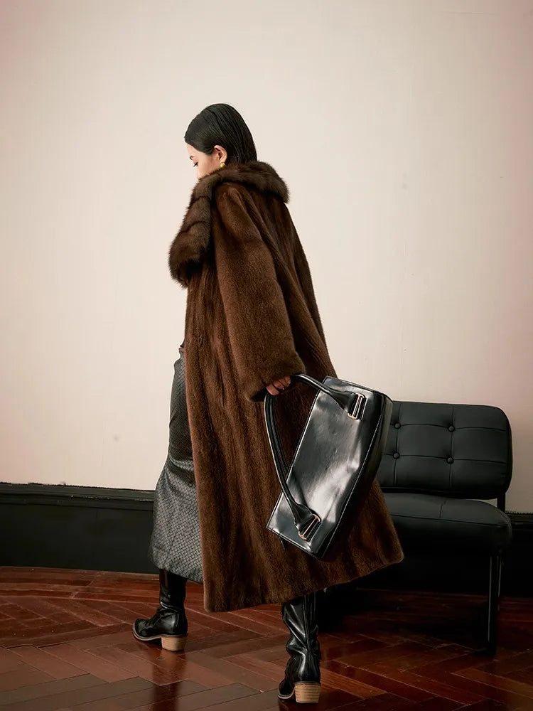 Lautaro Winter Long Luxury Elegant Thick Warm Soft Brown Faux Mink Fur Coat Women Turn-Down Collar Loose Stylish Furry Overcoat