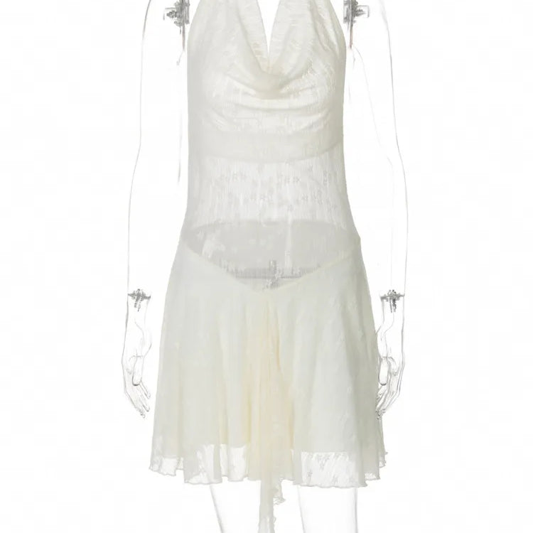 See Through Lace Halter Sexy Mini Dress Women Robe Halter Deep V Neck Backless Draped Ruffled Club Party Beach Dress