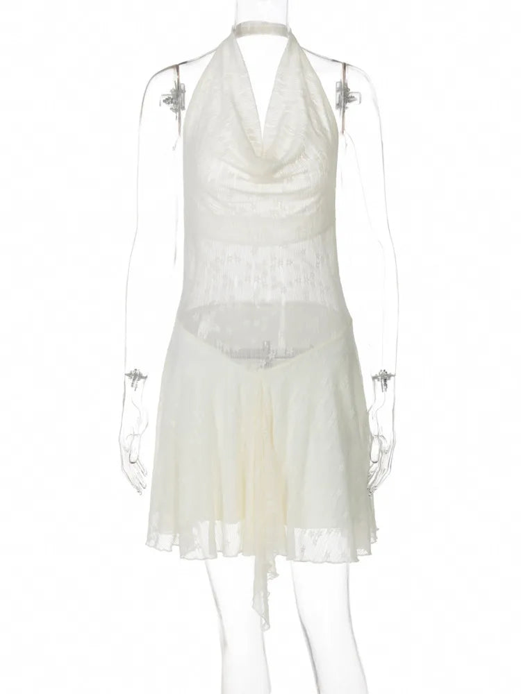 See Through Lace Halter Sexy Mini Dress Women Robe Halter Deep V Neck Backless Draped Ruffled Club Party Beach Dress