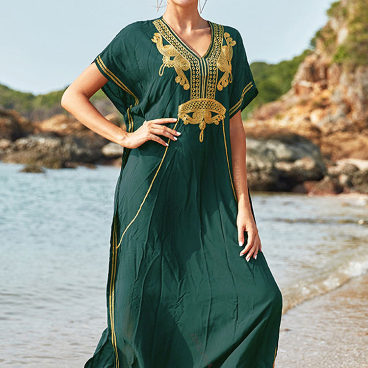 Plus Size Kaftan Tunic Beach Dress Swim Wear Bathing Suit Cover Up 660-green One Size