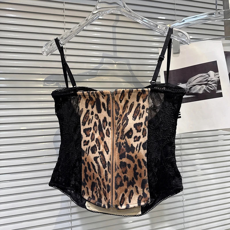 Winter New Fashion Yellow Leopard Print Patchwork Lace Fishbone Waist-Cinching Camisole For Women Tank Tops 11A07584