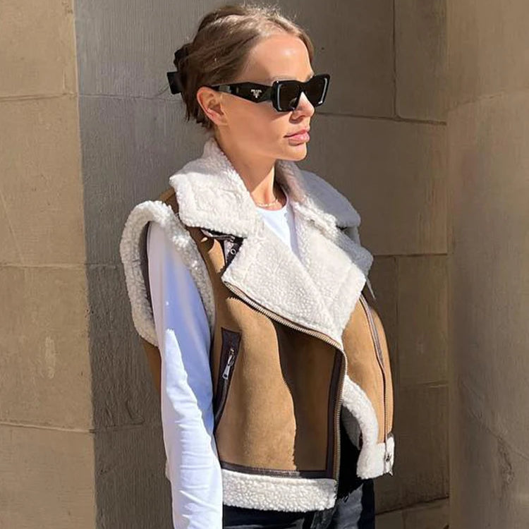 Woman Faux Leather Lambswool Patchwork Sleeveless Vest Autumn Jackets Female Fashion Thickening Warm Zip Waistcoats Coat