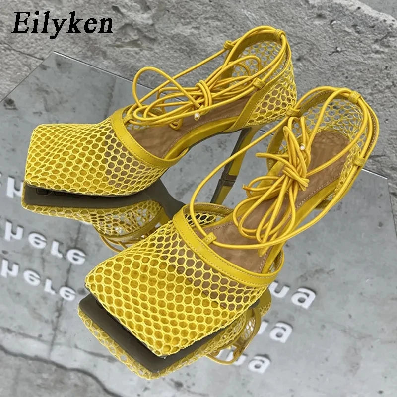 Eilyken Sexy Mesh Pumps Sandals Female Square Toe High Heel Lace Up Cross-Tied Stiletto Hollow Dress Shoes Zapatos Mujer Yellow