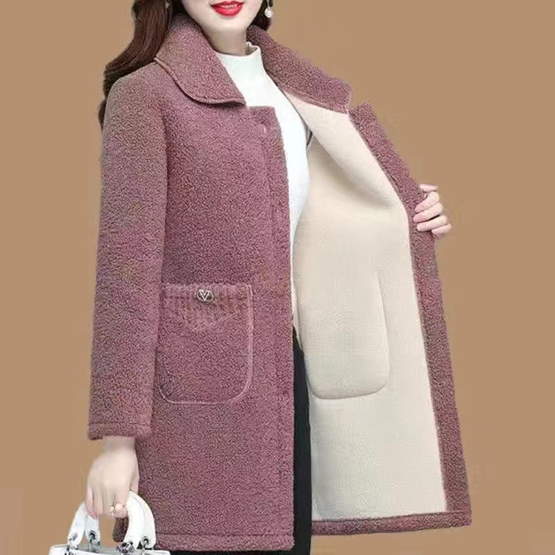 Winter Middle-Age Elderly Women's Clothing Thicken Imitation Lamb Wool Coat Mother's Mid-Length Granular Velvet Coat XL-6XL