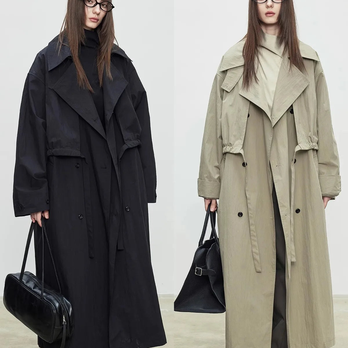 Lautaro Spring Autumn Oversized Khaki Long Trench Coat for Women Double Breasted Loose Casual European Fashion Overcoat 2025