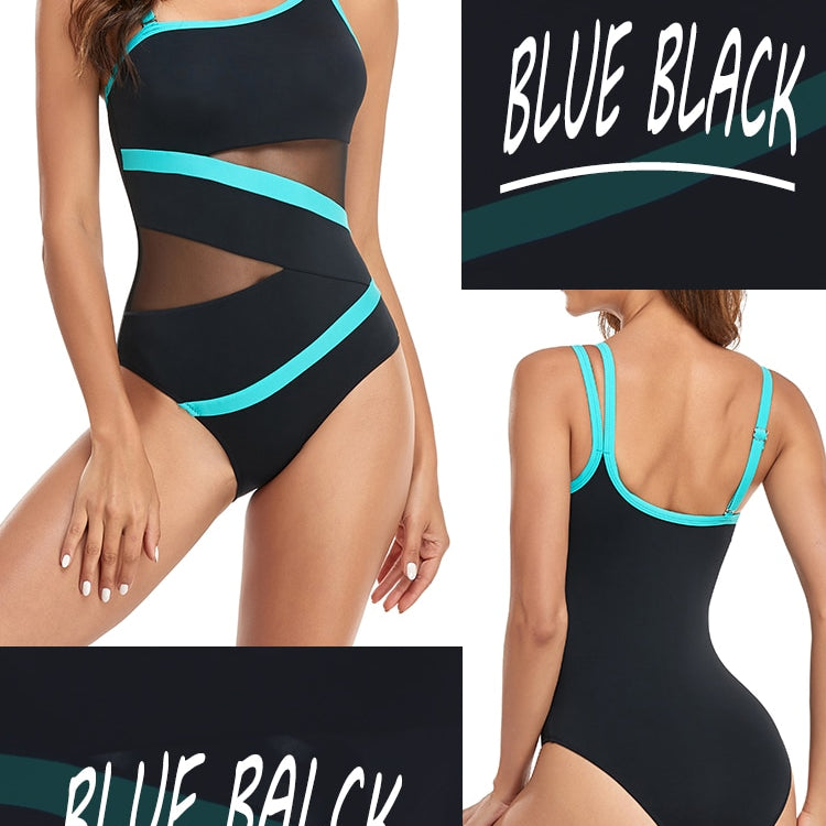 Sexy Mesh One-Piece Swimwear - One Shoulder Swimsuit Bodysuit Beachwear Brazilian Bathing Suits Summer Monokini Blue Black