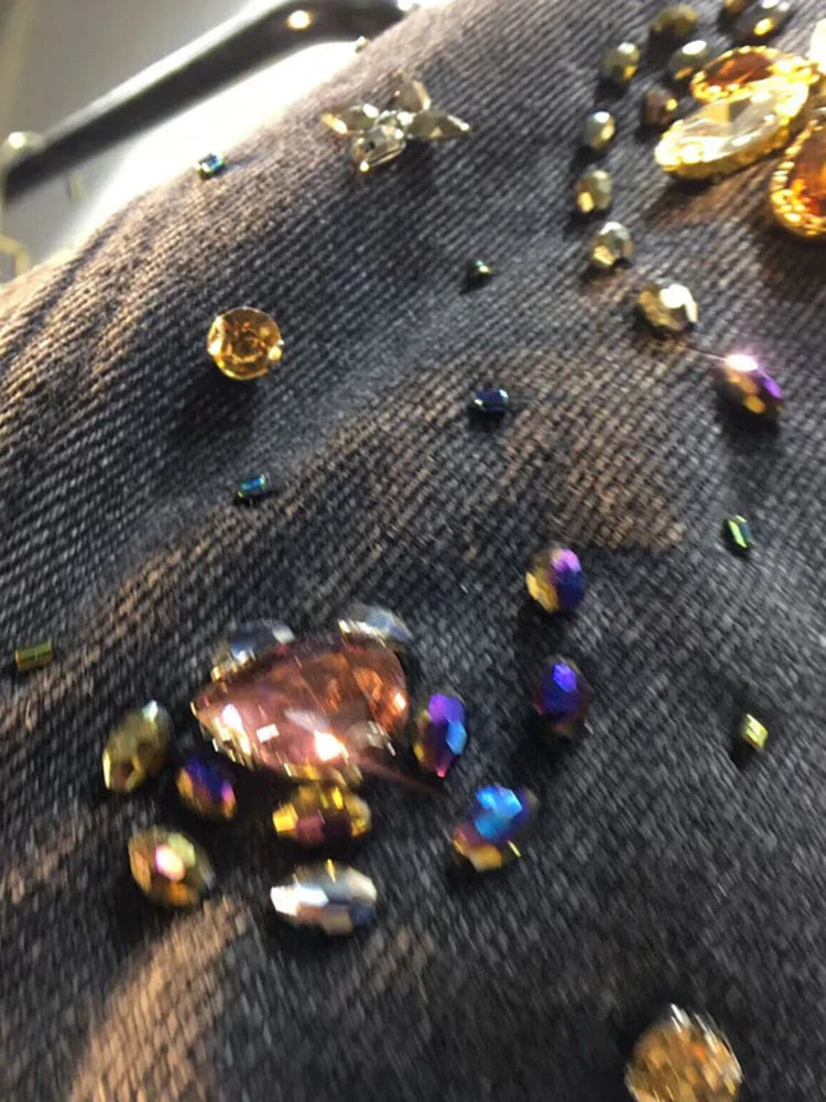 DEAT Women's Denim Coat Wash Black Beading Flowers Diamonds Patchwork Loose Long Sleeve Jackets Summer New Fashion 29L3587