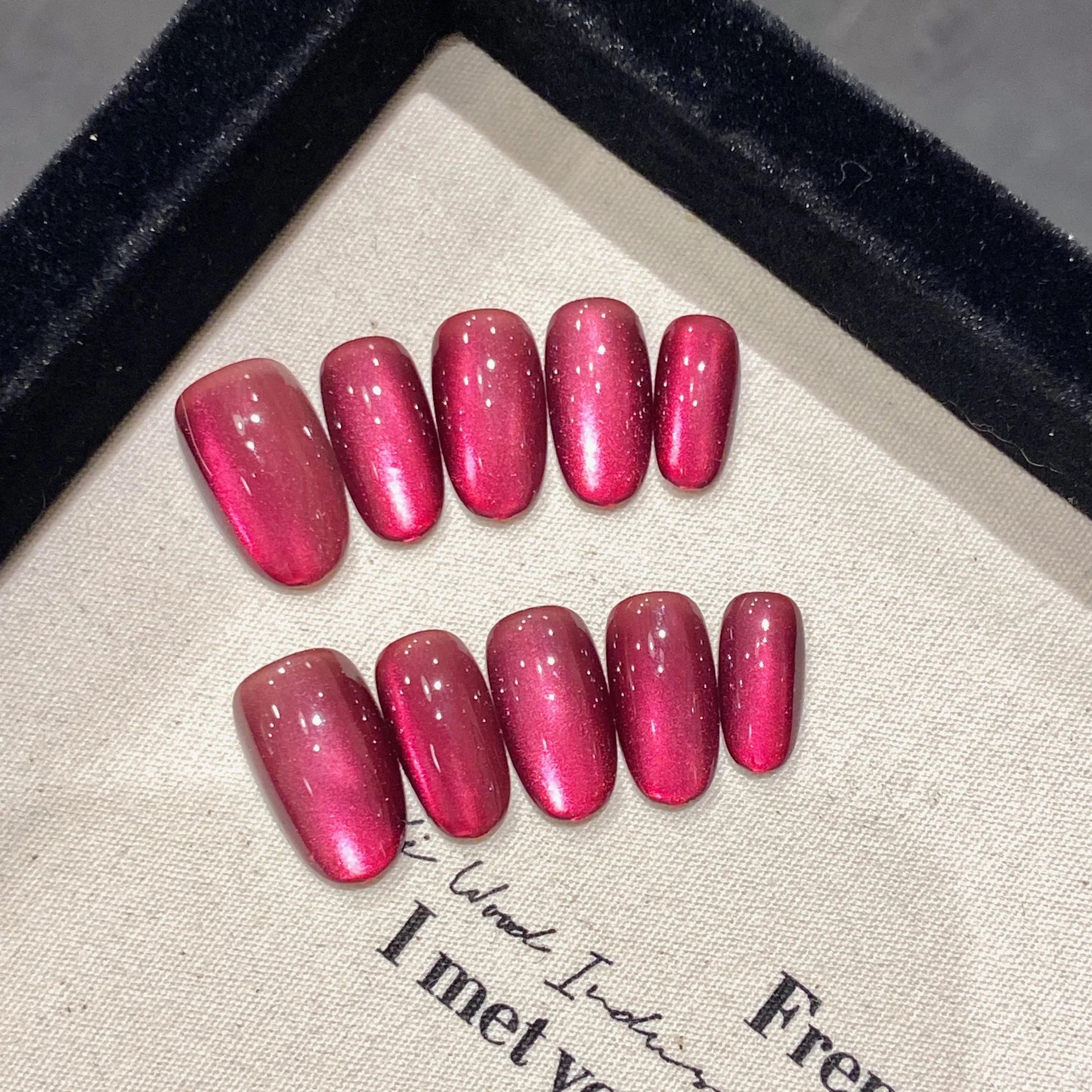 10pcs Wine-red Super Long Almond False Nails Handmade Full Shiny Diamond French Press On Nails Glossy Cat's Eye Luxury Fake Nail
