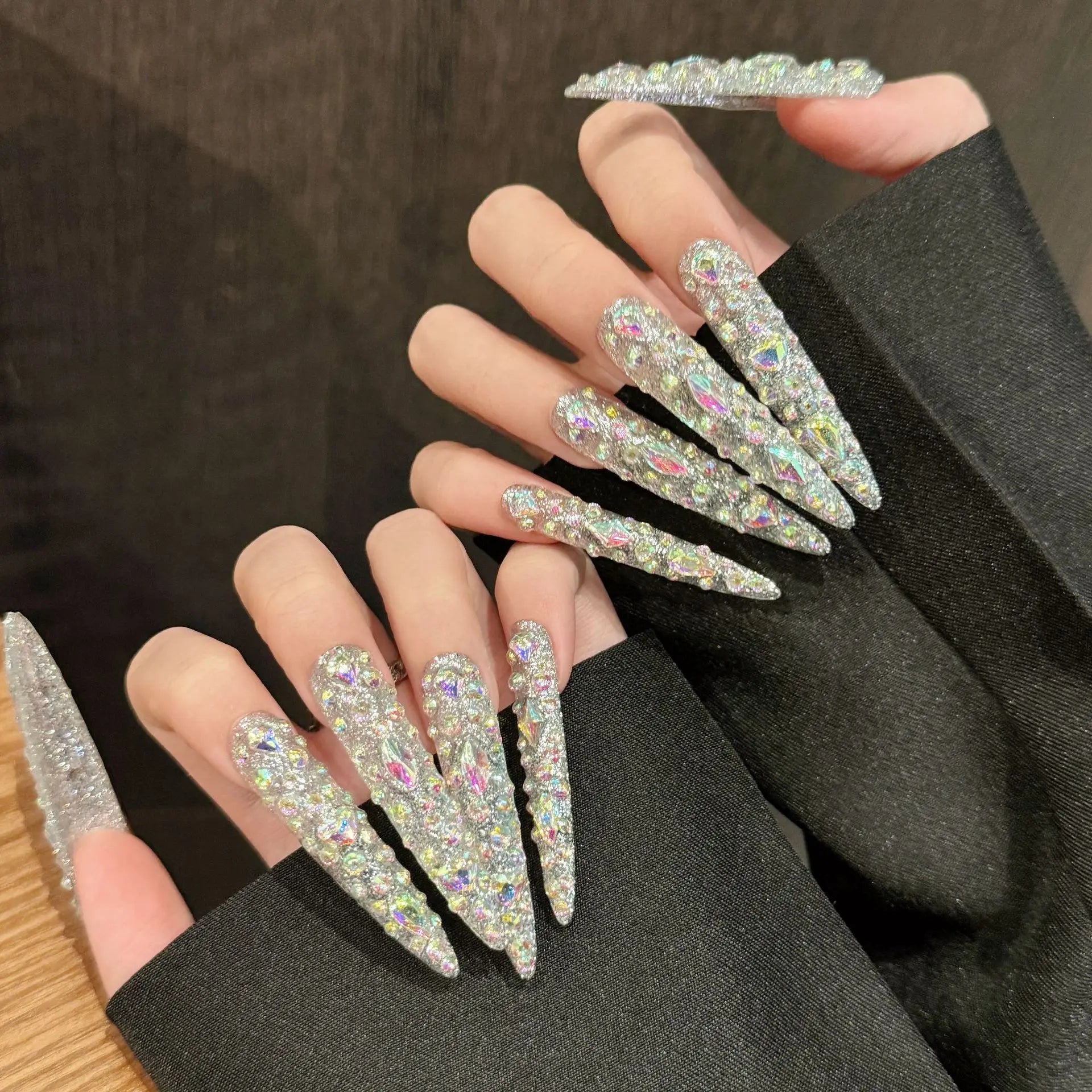10pcs Super Long Stiletto False Nail Tips Light Luxury Handmade Full Flash Diamond Press On Nails European Wearable Fake Nails