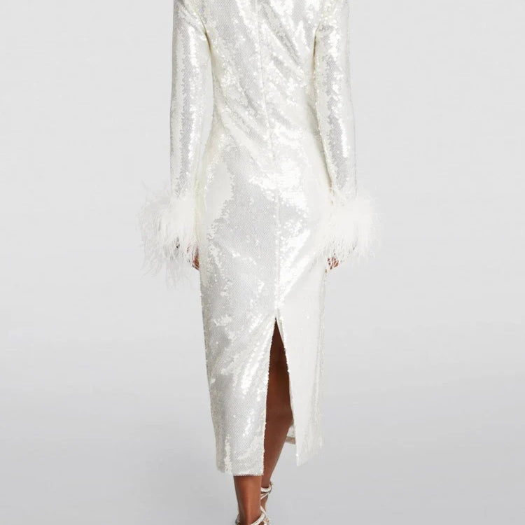 New Women O Neck Long Sleeve Luxury Sequin Feather Midi Dress Elegant Celebrity White Sequinned Bodycon Dress Evening Party Club