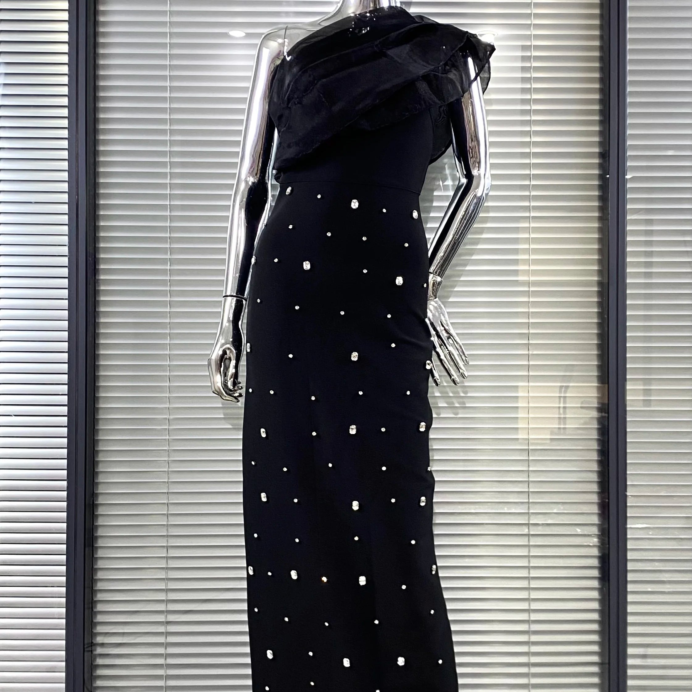 New 2 Colors Shining Diamonds Oblique Shoulder Ankle Length Bandage Dress Graceful Woman Party Dress Celebrity Party Vestido