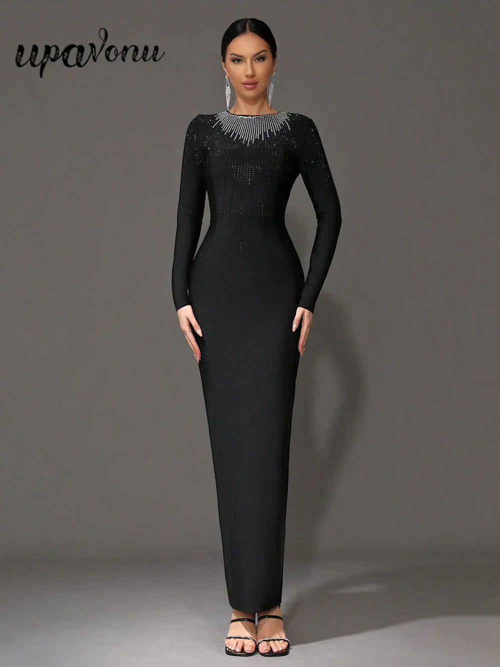2025 Elegant Women's Light Luxury Hot Diamond Bandage Dress O-neck Long Sleeve Bodycon Black Long Dress Evening Party Vestidos