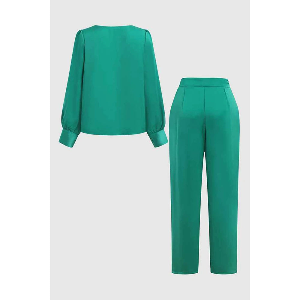 Plus Size Business Casual Green Satin Pants Set Round Neck Lantern Sleeve Wide Leg Two Pieces Pants Set