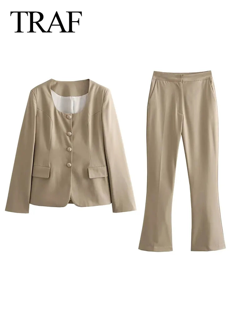 TRAF Spring Women's Khaki Office Lady Blazer Suit Single Breasted Jacket High Waist Women's Slightly Spicy Zipper Pants Set