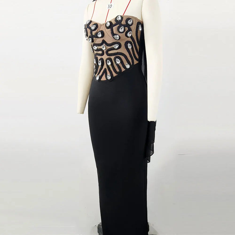 2025 Elegant Women's Light Luxury Nail Bead Patchwork Bandage Dress+Scarf Strapless Sleeveless Bodycon Long Dress Party Vestidos