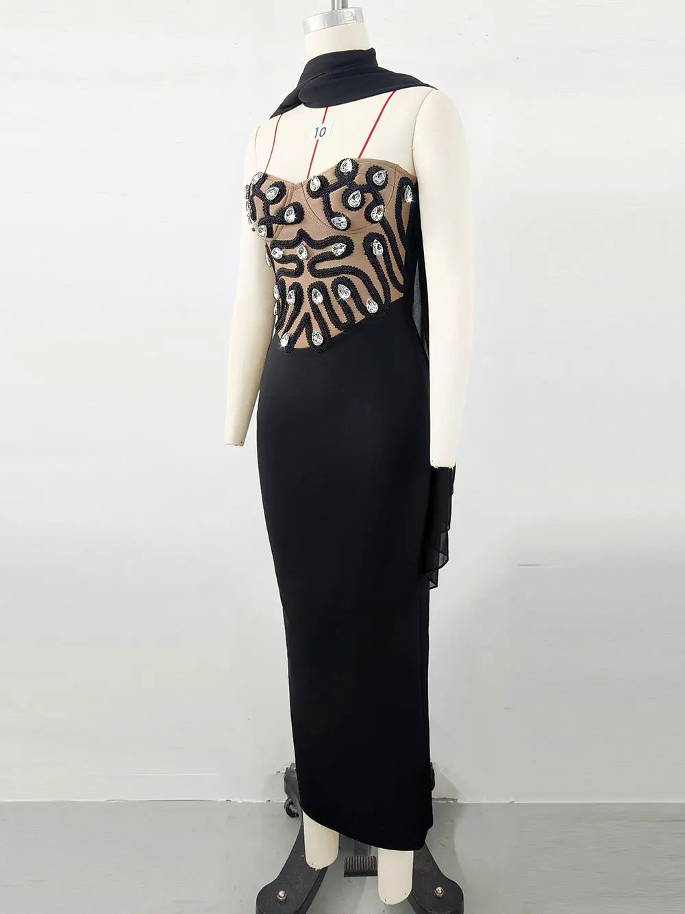 2025 Elegant Women's Light Luxury Nail Bead Patchwork Bandage Dress+Scarf Strapless Sleeveless Bodycon Long Dress Party Vestidos