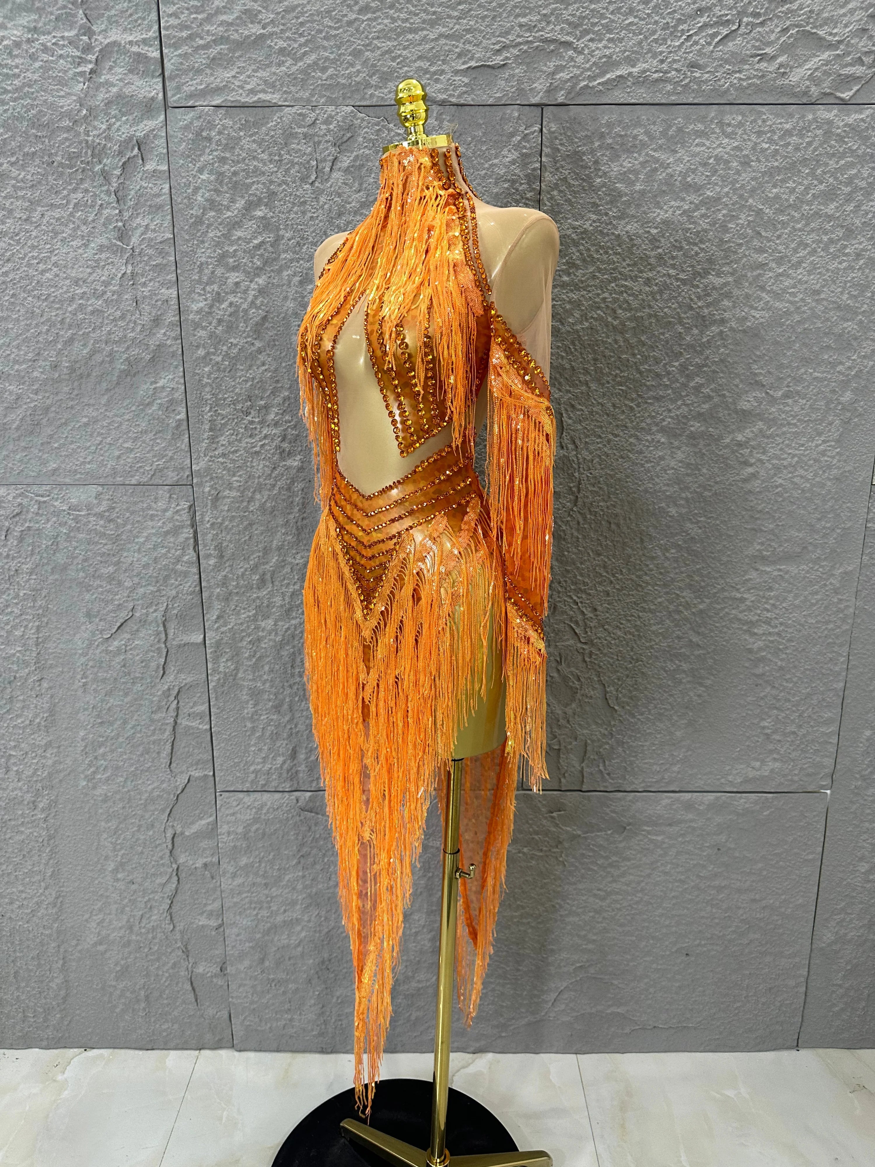 Sparkly Orange Rhinestone Fringe High Neck Dress Women Sheer Mesh Embellished Latin Dance Performance Costume