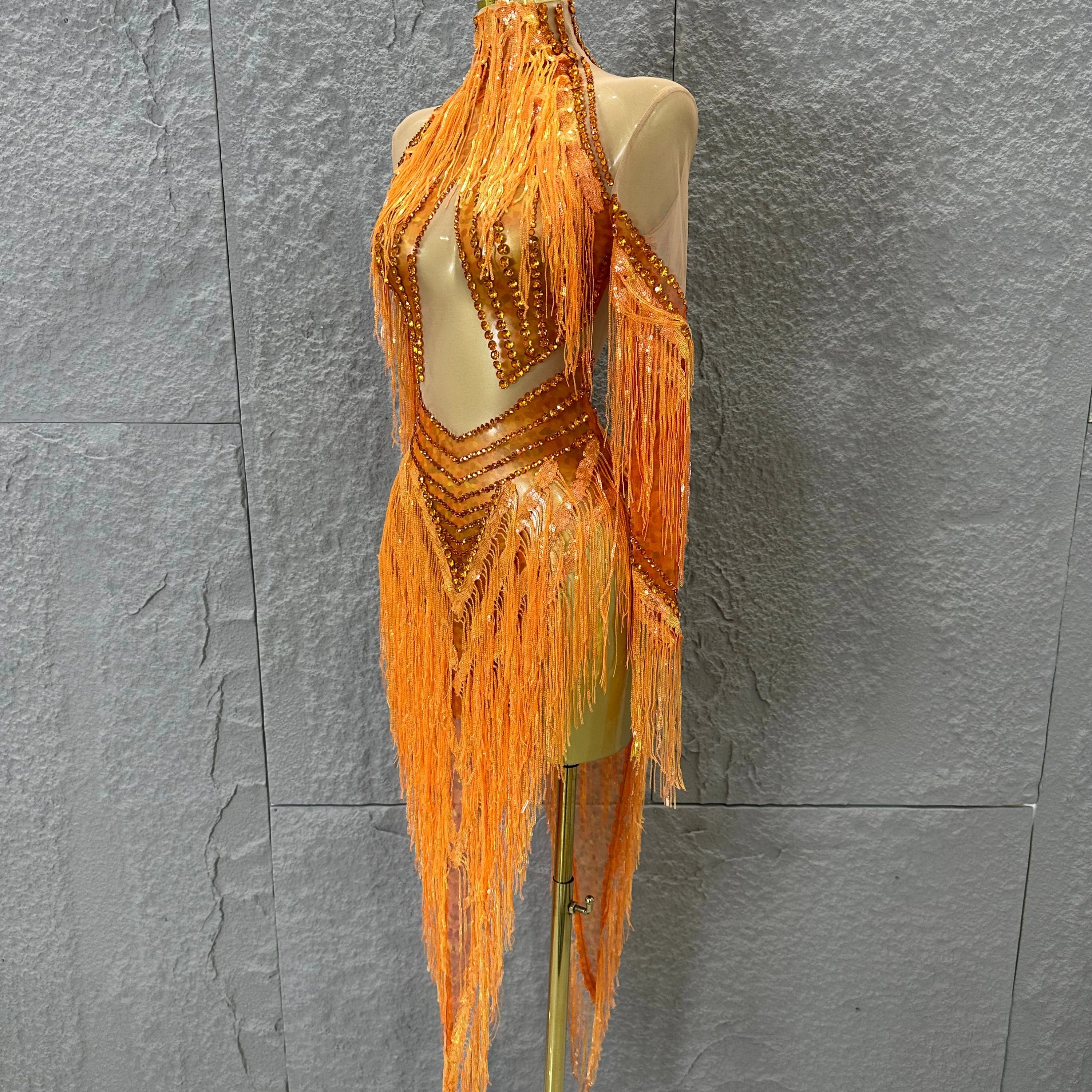 Sparkly Orange Rhinestone Fringe High Neck Dress Women Sheer Mesh Embellished Latin Dance Performance Costume