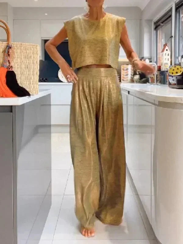 Plus Size Women's 0XL-5XL Summer Casual Sleeveless Fashion Comfortable Women's Glossy Tank Top Wide Leg Pants Two Piece Set Gold