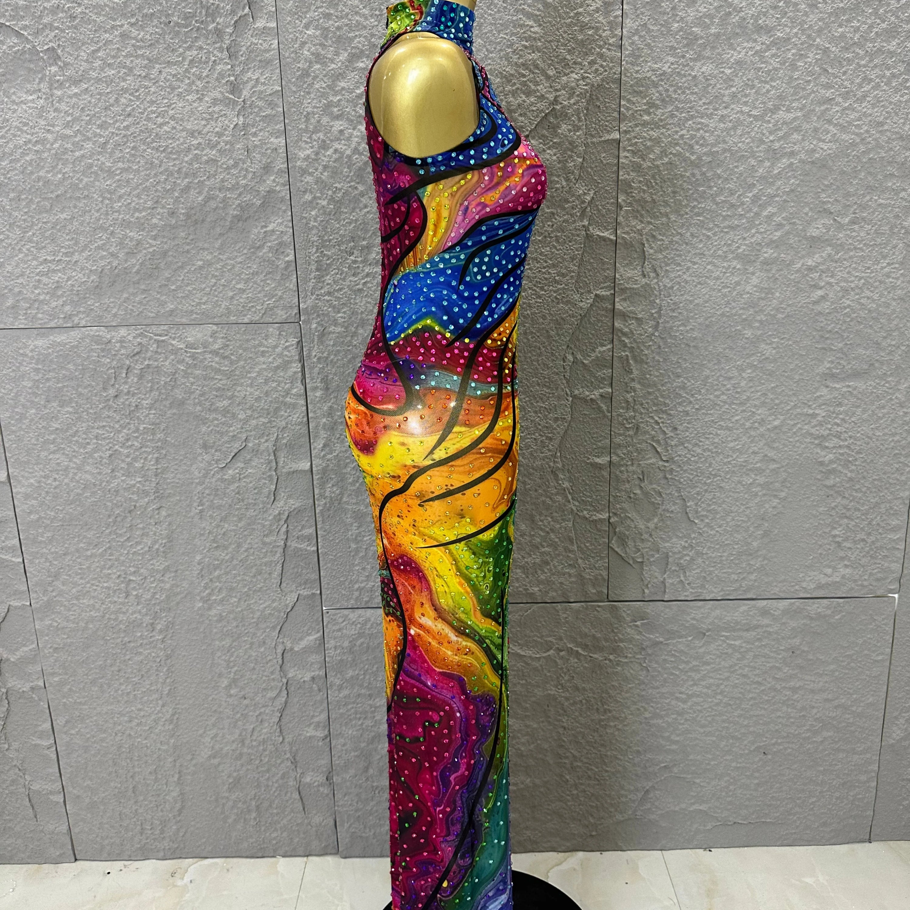 Elegant Sheer Mesh Colorful Halter Neck Maxi Dress Women Sexy Crystal High Slit Form-Fitting Evening Party Formal Event Dress