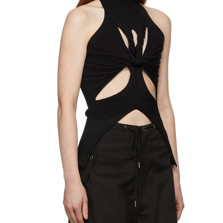 Solid Hollow Out Knitting Tank Tops For Women Turtleneck Sleeveless Off Shoulder Slim Vests Female Fashion Clothing