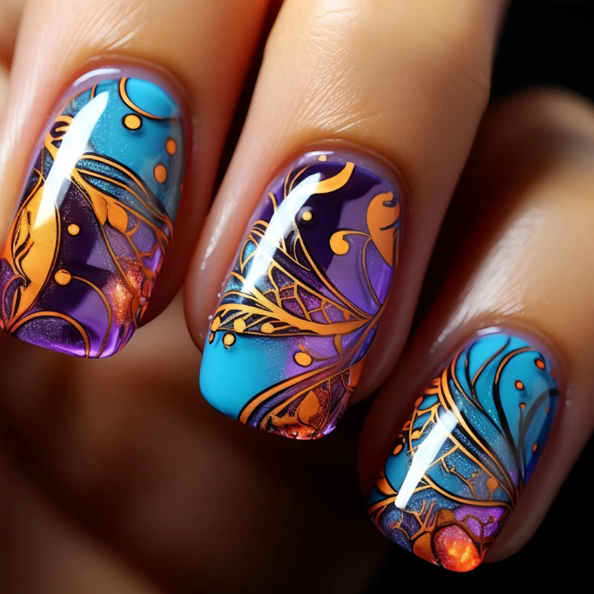 Short middle square ballet fake nails sparkling plant flowers maple leaves gradient Peacock feathers press on false nails set 1679