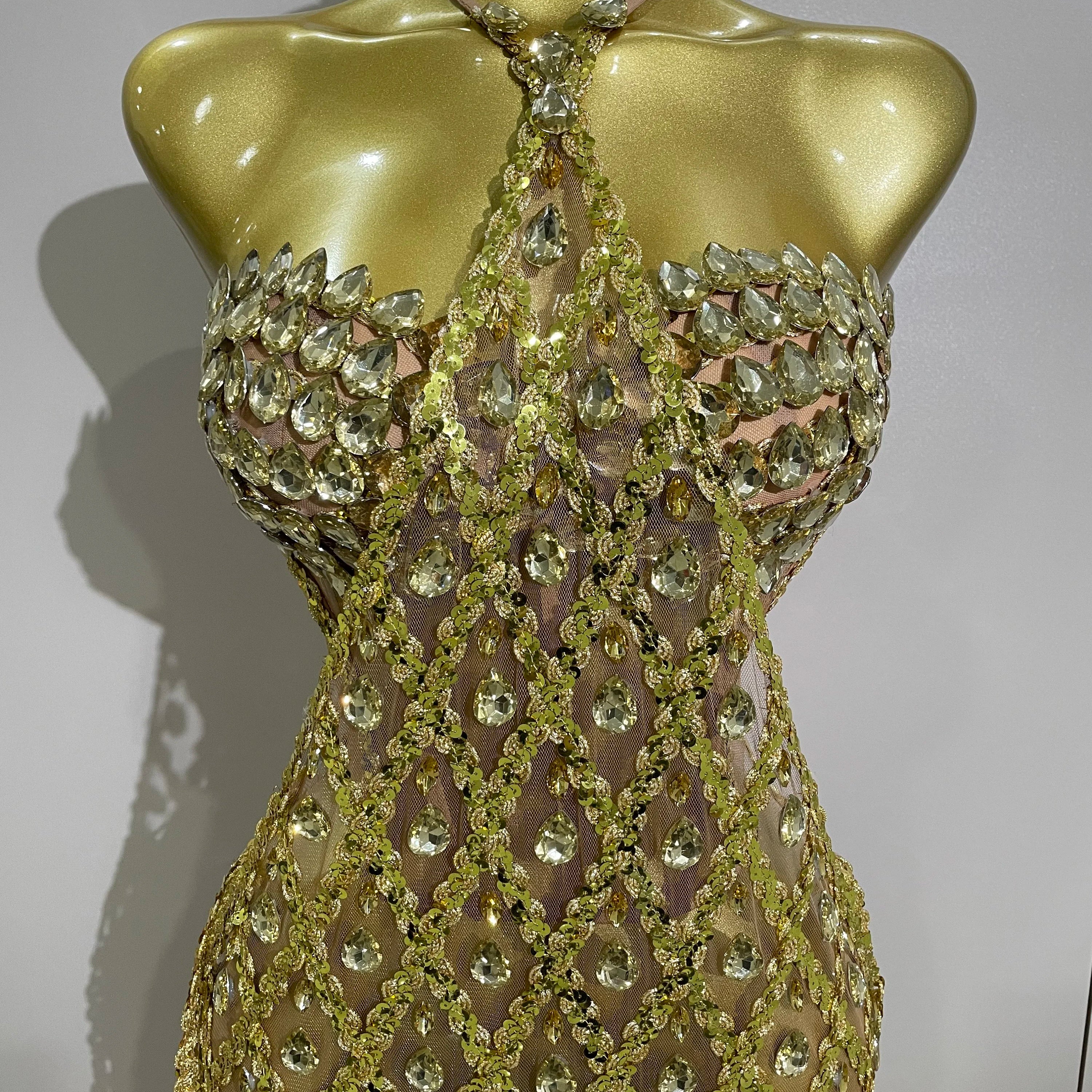 Stock Sexy Sparkly Gold Rhinestones Sleeveless Mesh Two Piece Long Dress 2025 Women Birthday Party Celebrate Prom Stage Costume