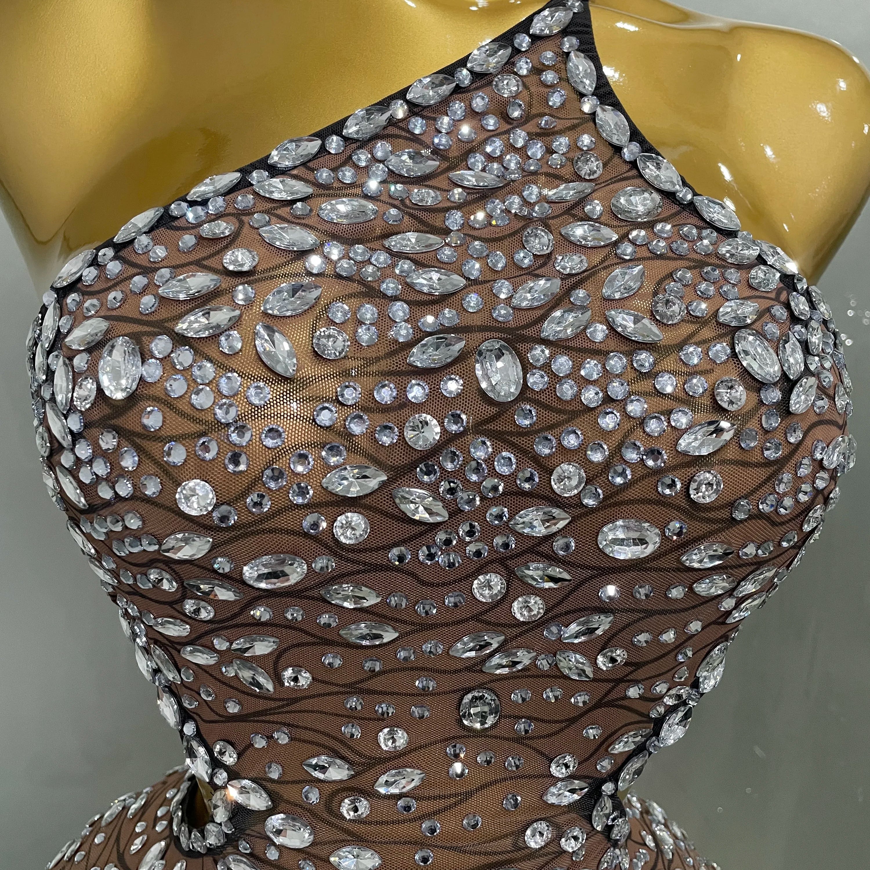 2025 New Sexy Shiny Diamond Hollow Out Backless Short Dress Women Evening Celebrate Prom Birthday Party Nightclub Stage Costume