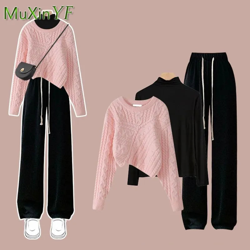 Women's Autumn Winter Suit 2024 New Fashion Knitted Sweater Undershirt Casual Pants 3 Piece Korean Elegant Trousers Matching Set